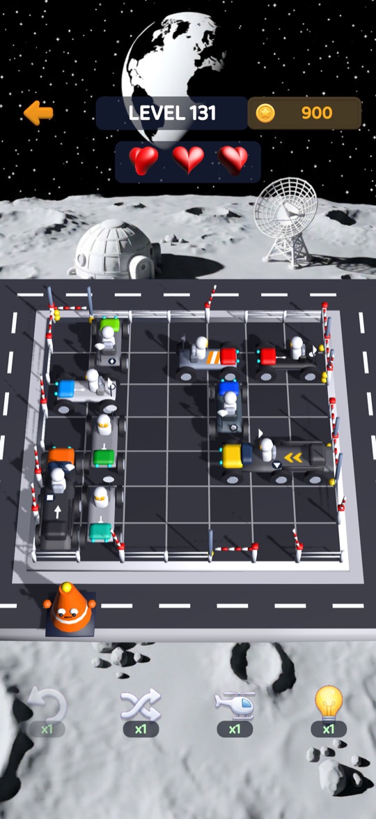 A lunar parking lot with moon buggies and an astronaut