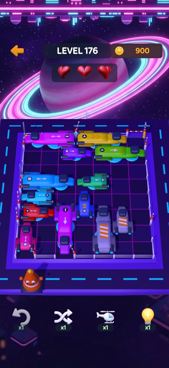 A neon lot with hover pods and a ringed planet